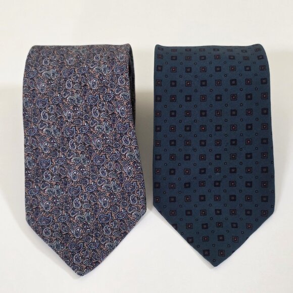 Diva Pure Silk Tie Lot of 2 Italy AOP Geo Tiny Paisley Preppy W3 L56.5-58 Inches - Picture 2 of 13